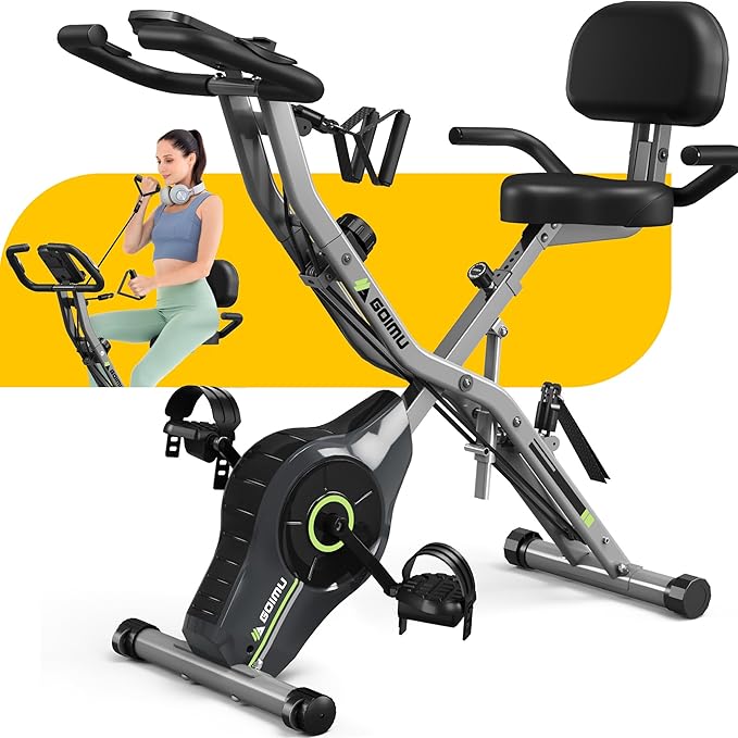 Exercise Bike, 5 in 1 Foldable Stationary Bike for Seniors, 16-Level Adjustable Magentic Resistance, Indoor Workout Bike with 330LB Capacity, Comfortable Seat Backrest X-bike
