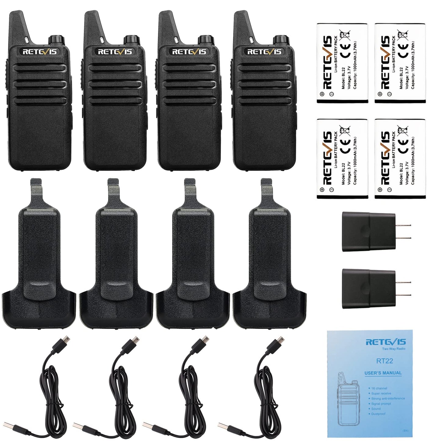Retevis RT22 Two Way Radio Long Range Rechargeable,Portable 2 Way Radio, USB-C Charging, Handsfree Walkie Talkies for Adults Cruise Hiking Camping(4 Pack)