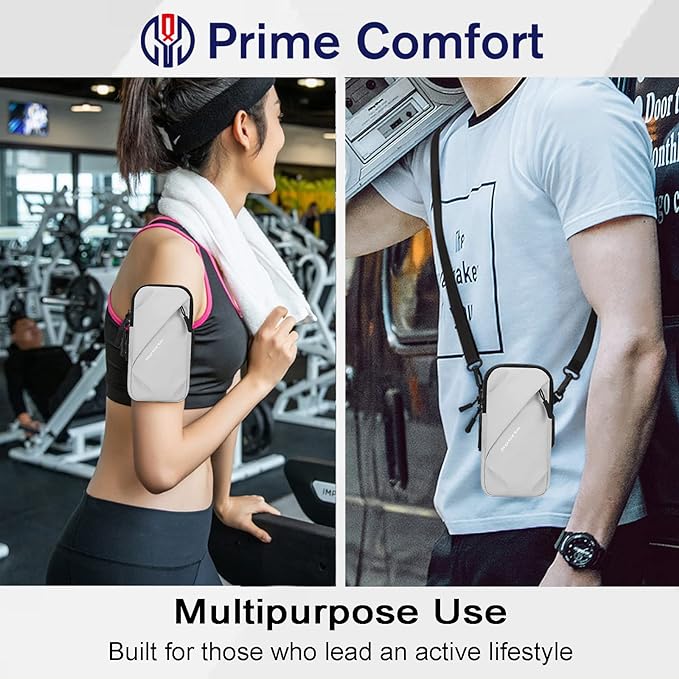 Phone Holder, Small Crossbody Shoulder Holsters Bag with Arm Band, Fits iPhone and Android, Use for Running, Walking, Hiking & Biking (6.7 Inches, Grayish White)