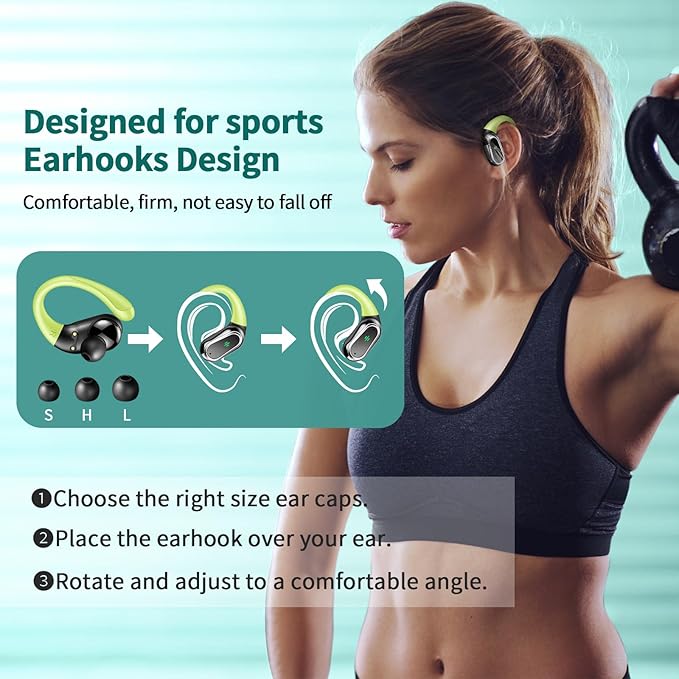 Wireless Earbuds, 2025 Bluetooth 5.4 Headphones Sport, Bluetooth Earbuds with ENC Noise Canceling Mic, 50H Stereo Wireless Headphones IP7 Waterproof with Earhooks, Dual LED Display for Workout/Running