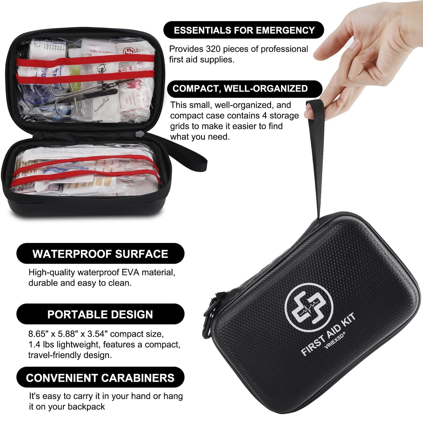 Premium First Aid Kit, 320 Piece Waterproof Hard Shell Eva First Aid Kit for Home, Camping, Cars, Hiking, Travel, Businesses & Outdoor Emergencies - Emergency Medical Kits (Red)