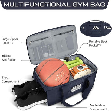ETRONIK Gym Bags for Men Women, Military Travel Duffle Bag Backpack with Shoe Compartment, 3 in 1 Carry on with Wet Pocket, Weekender Overnight Range Backpack for Workout Football Gym, Blue