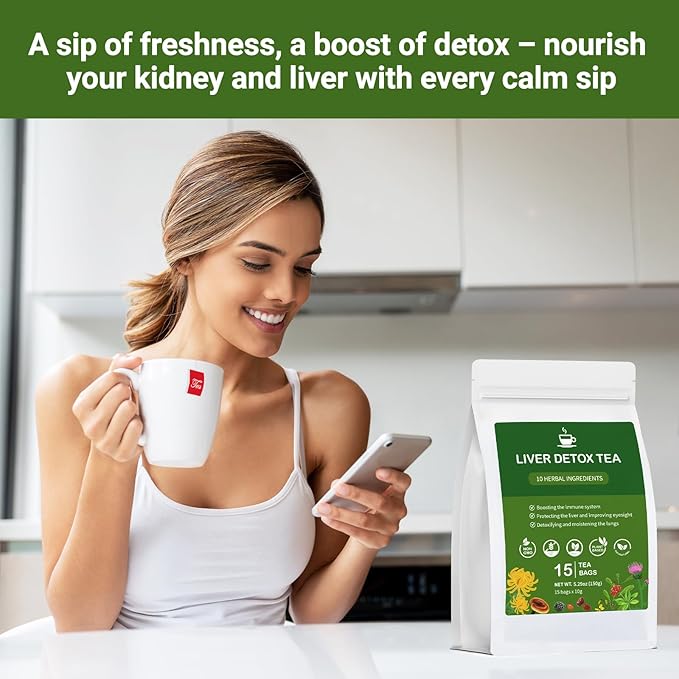 Liver Detox Tea, Chinese Natural Kidney and Liver Cleanse Detox Herbal Tea Support Healthy Kidney Function with 11 Precious Ingredients Formula (30 Bags/2 Pack)