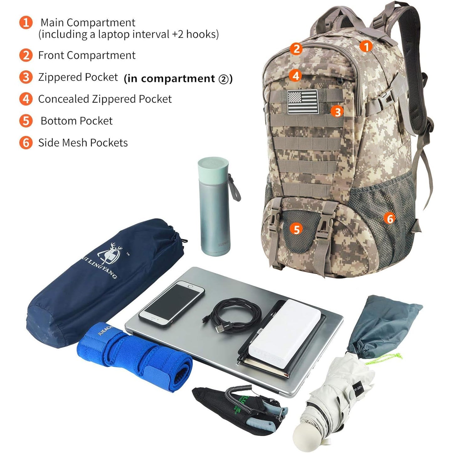 Jueachy Tactical Backpack for Men Hiking Day Pack Molle Military Rucksack Waterproof 30L EDC Bag with USA Flag Patch
