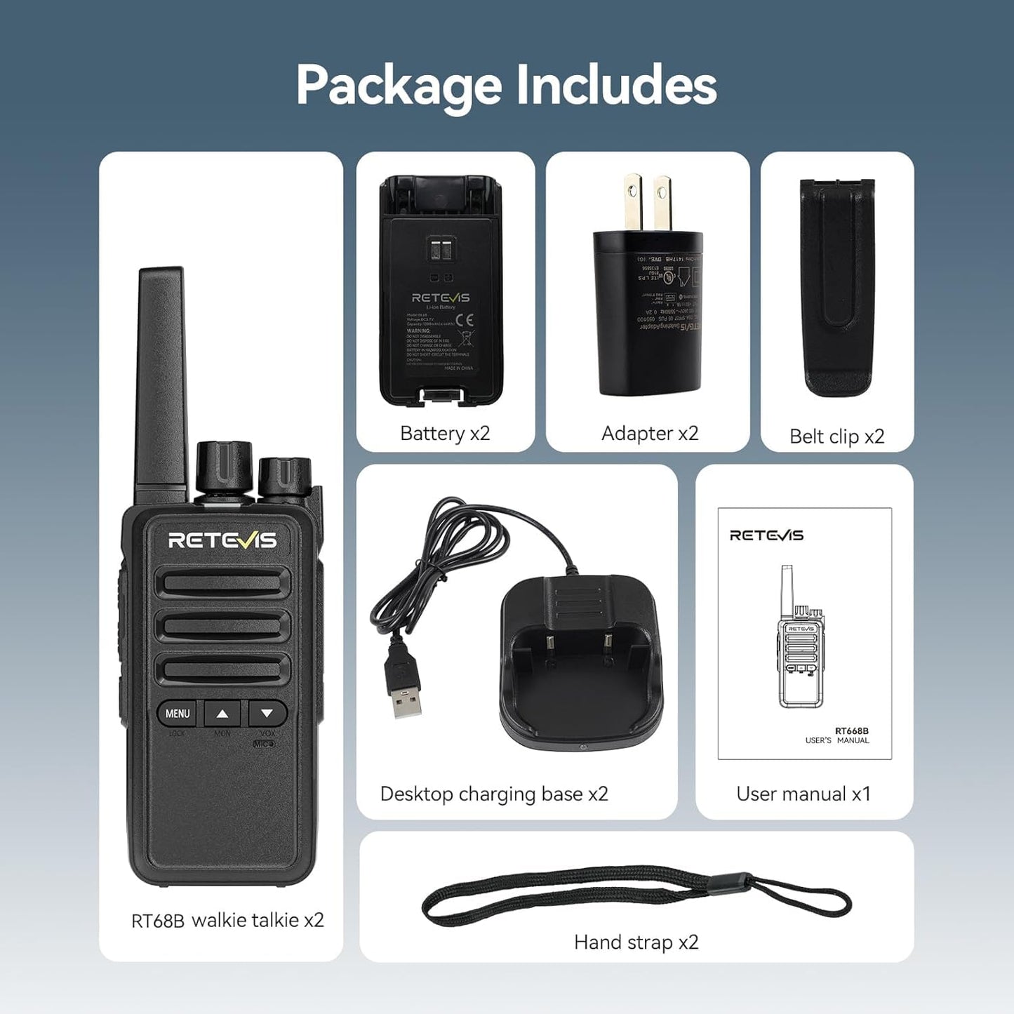 Retevis RT68 Walkie Talkies Rechargeable,Portable FRS Two-Way Radios for Adults,Heavy Duty 2 Way Radios Long Range,USB Charging Base,License Free Walkie Talkie for Road Trip Gifts Camping (2 Pack)
