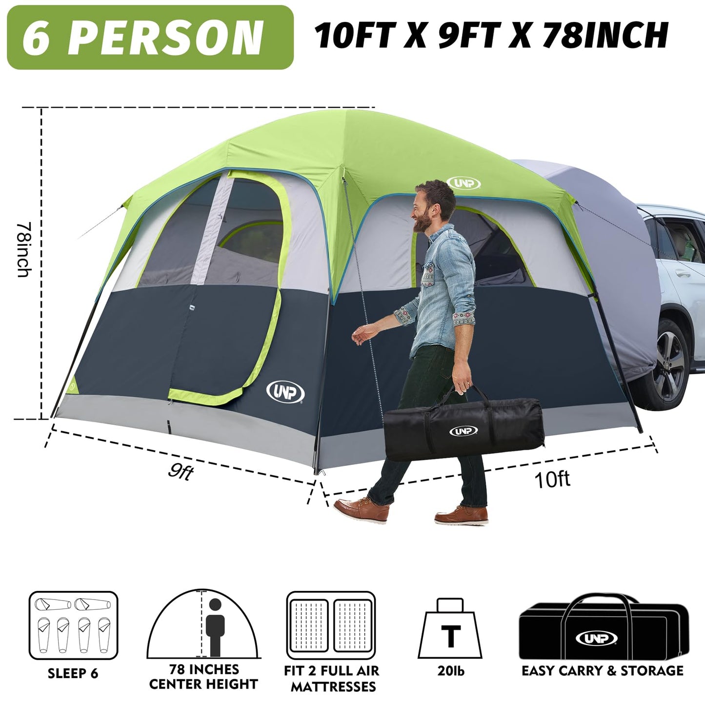 UNP SUV Tent for Camping, 6-Person SUV Tailgate Tent - Easy Set Up with Rainfly, 10'x9'x78in(H)