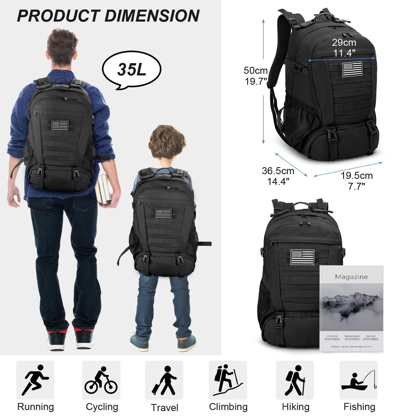 Jueachy Tactical Backpack for Men Hiking Day Pack Molle Military Rucksack Waterproof 30L EDC Bag with USA Flag Patch
