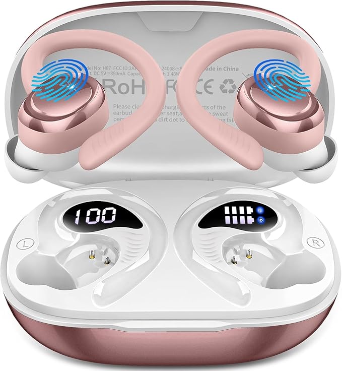Wireless Earbuds Sport, Bluetooth 5.4 Headphones with Earhook, 2025 Hi-Fi Stereo Over Ear Buds, 50H Earphones with 4 ENC Noise Canceling Mics, IP7 Waterproof Headset for Running Workout (Android/iOS)
