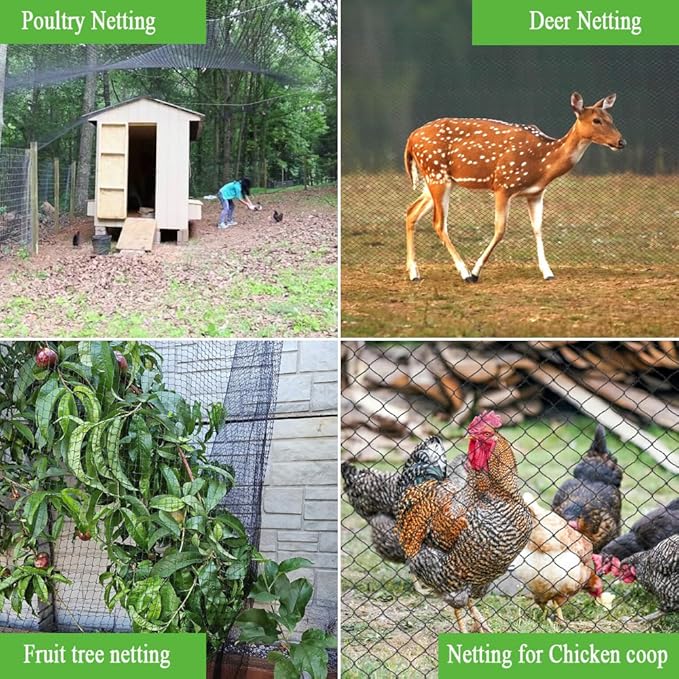 25x100 FT Bird Netting for Chicken Coop, 1 Inch Mesh, Strong Woven, UV Resistant, Reusable, Protects Garden Plants, Fruit Trees, Vegetables, Against Deer, Rabbits, Squirrels, Small Animals