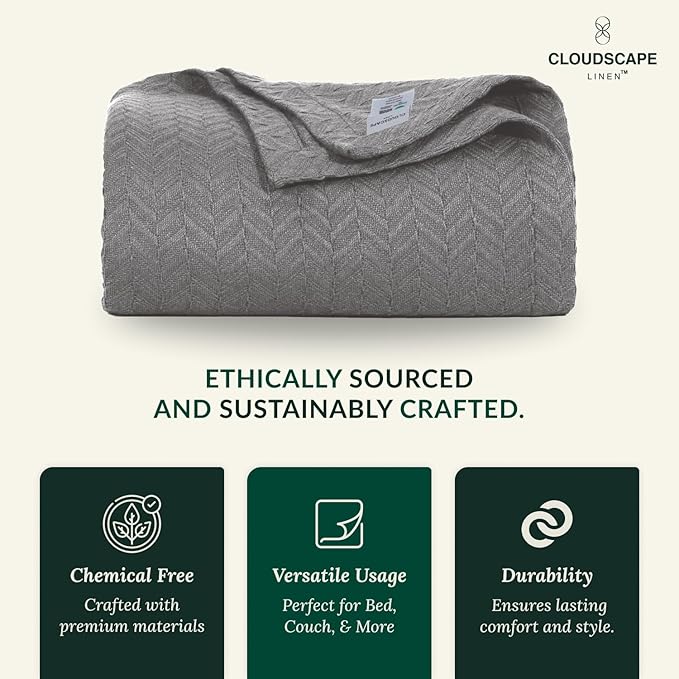 Cloud Scape Linen 100% Cotton Blanket King Size for Bed – Lightweight Summer Blanket, Herringbone Weave,fits California King Size Bed, 92x108,Dark Grey