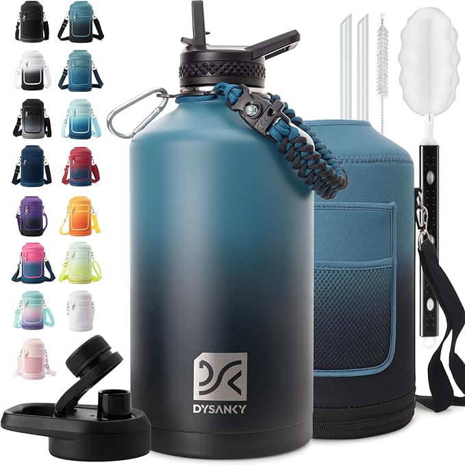 1 Gallon Water Bottle Insulated | Thickened Stainless Steel Vacuum Metal Water Jug | Portable Sports Large for Gym and Hiking with Straw, Carrier Bag, Handle Strap | BPA-Free 128 oz