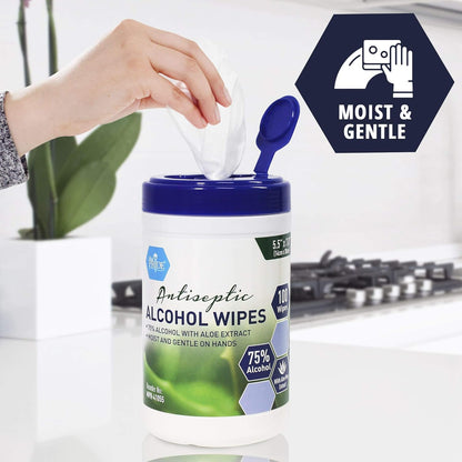 MedPride Antiseptic Alcohol Wipes with Aloe Vera - 75% Alcohol - 100/canister - 12 canisters/cs Total Of 1200 counts