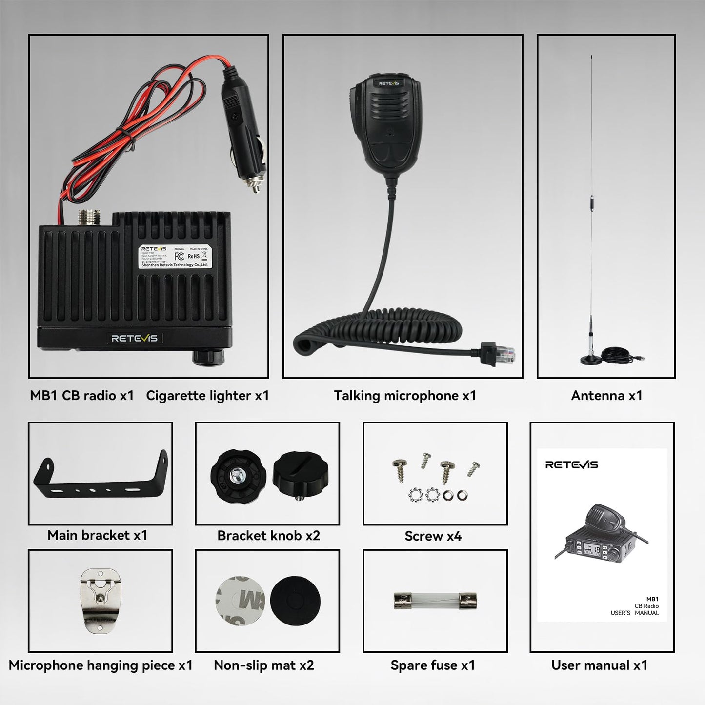 Retevis MB1 40 Channel CB Radio, Noise Cancellation Long Range Mobile Radio, with CB Antenna and Cigarette Lighter, Emergency Channel 9/19, 7-Color Screen, Auto-Scan, External Speaker Jack for Trucker