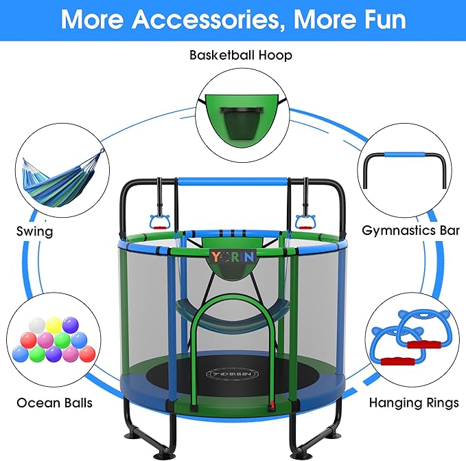 YORIN Trampoline for Kids 66'' 60'' 55'' Toddler Mini Small Trampoline Outdoor Indoor Trampoline W Basketball Hoop, Swing, Adjustable Gymnastics Bar, Gift for Baby, Toddlers & Kids