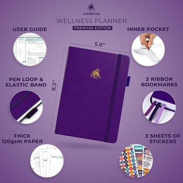 Clever Fox Wellness Planner - Weekly & Daily Health and Wellness Log, Food Journal & Meal Planner Diary for Calorie Counting, Notebook for Medical Condition Tracking, A5-Sized - Purple