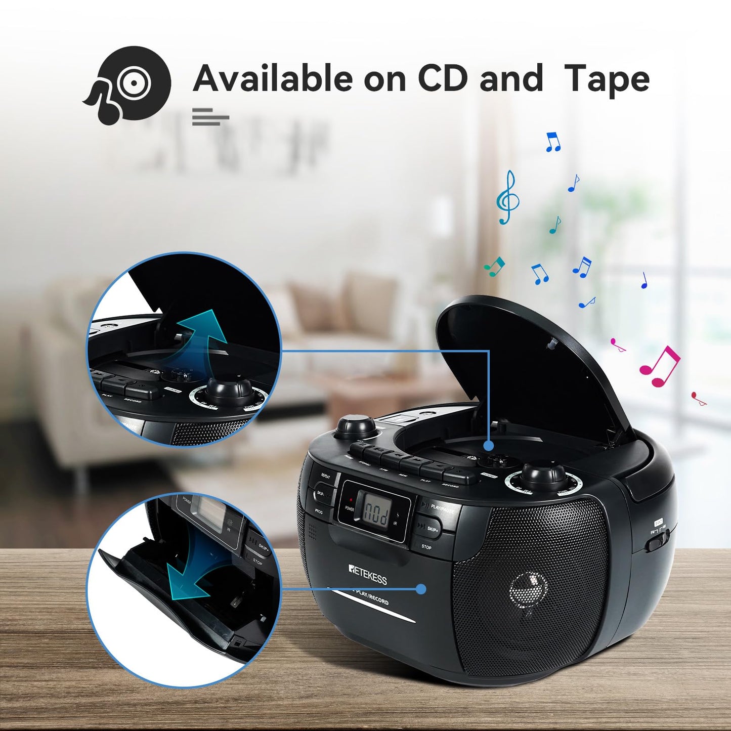 Retekess TR621 CD and Cassette Player Combo, Boombox CD Player for Home, AM/FM, Tape Recording, TF/USB Drive, AC or D Battery Powered, Headphone Jack, Stereo Sound (White)