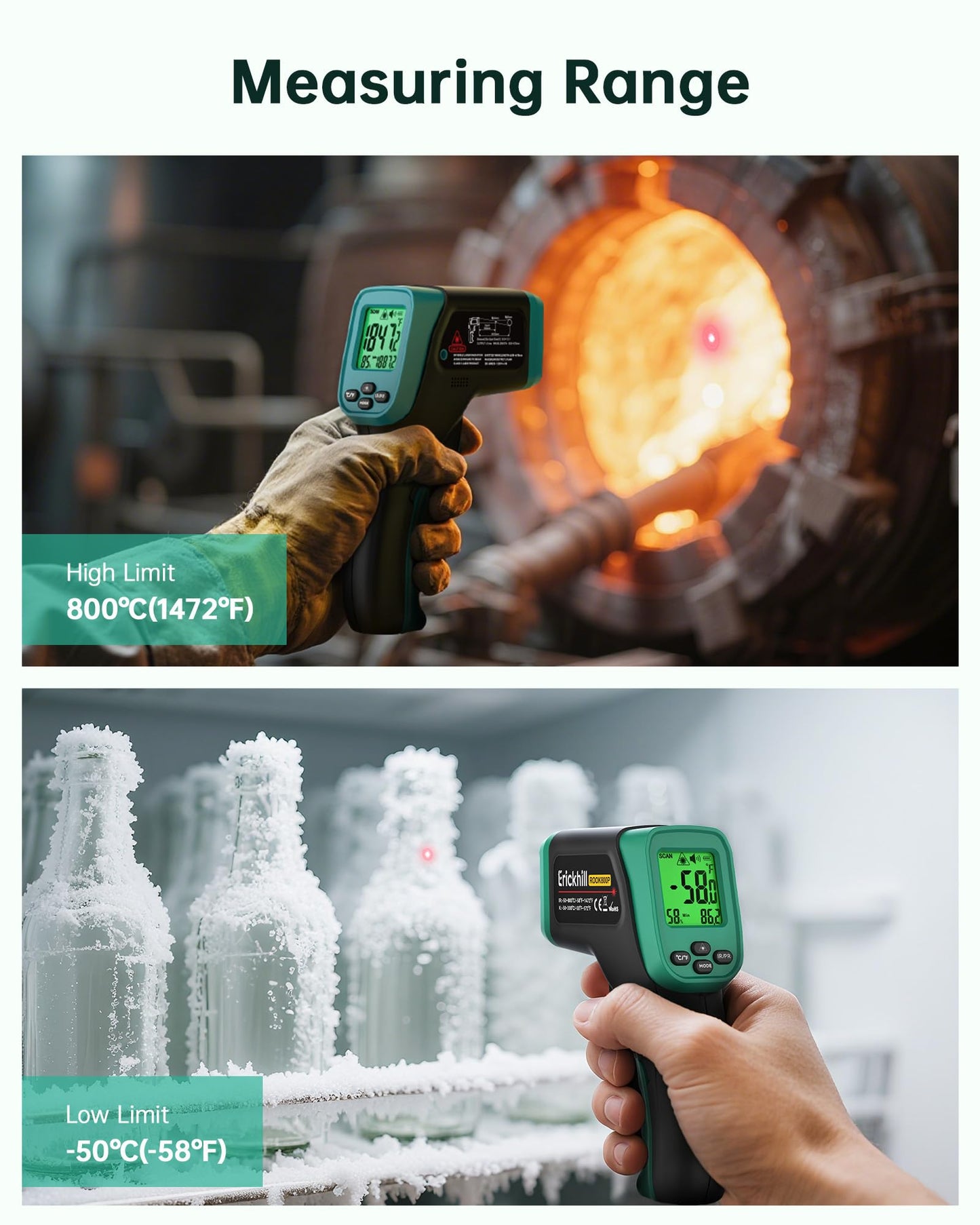ERICKHILL ROOKMAX Infrared Thermometer Gun, Non-Contact Laser, Adjustable Emissivity, Color LCD, -58°F to 1472°F (-50°C to 800°C), for HVAC, Cooking & BBQ, Automotive, Freezer - Dark Green
