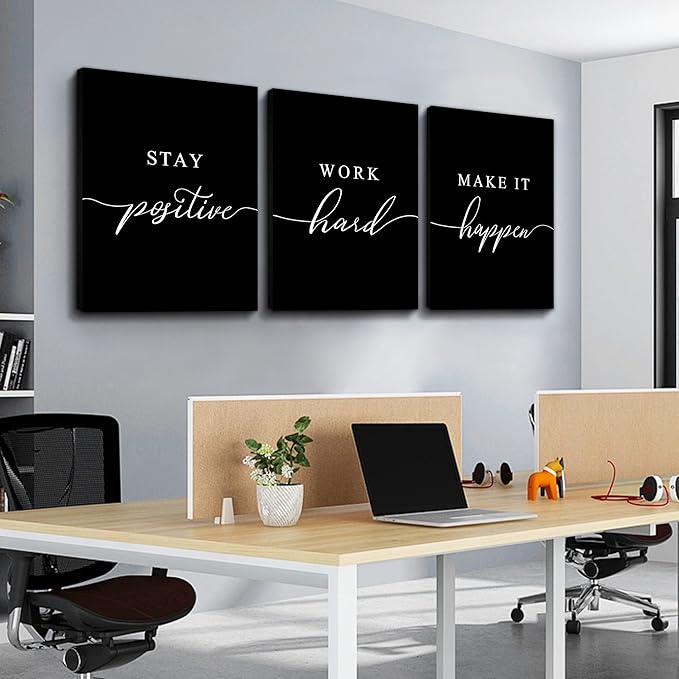 Work Hard Painting,Framed Canvas Wall Art Positive Quote, Office Wall Art, Black Large Poster, Positive Motivational Set of 3 Prints, Inspirational Print (E-3pcs,24x36inchx3pcs)