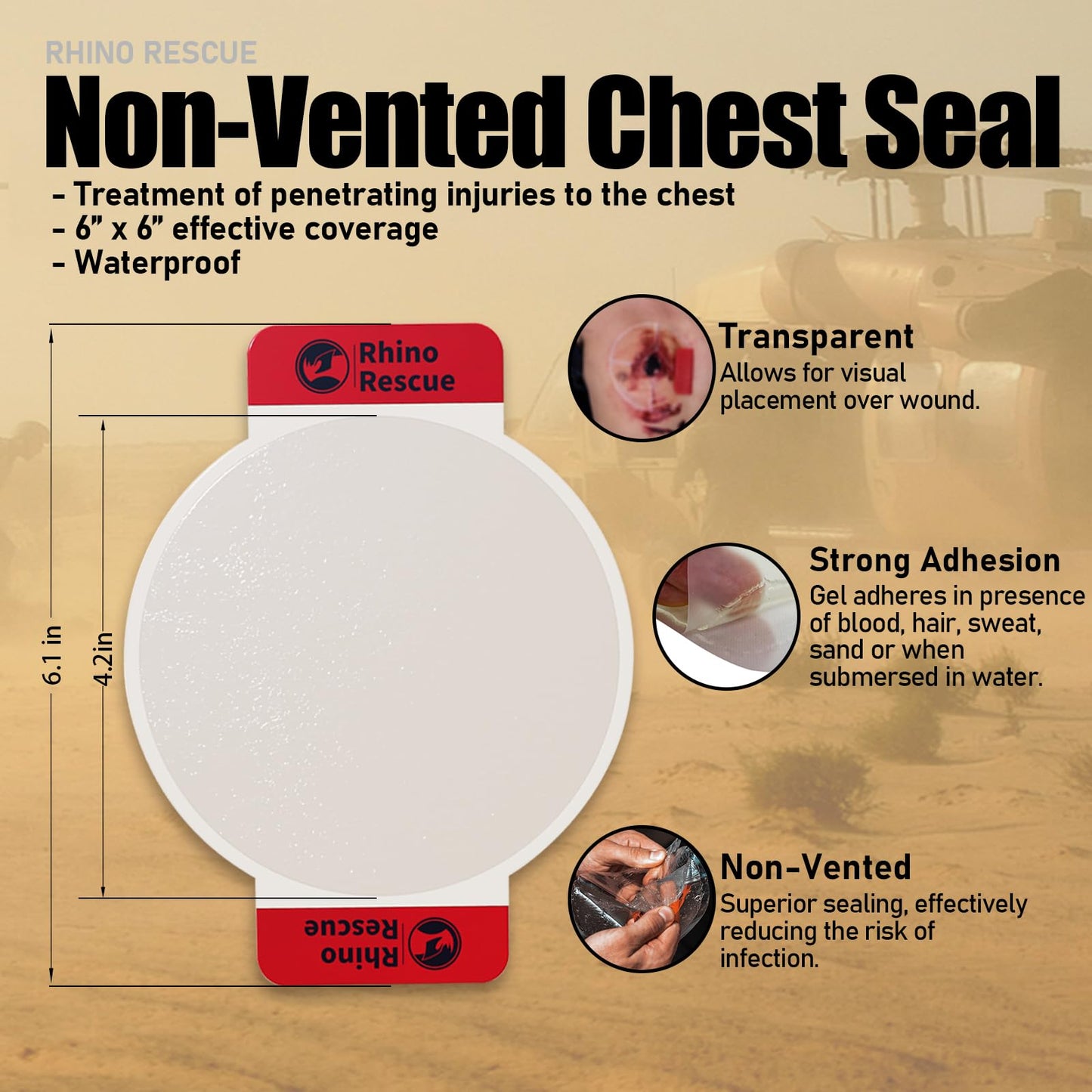 RHINO RESCUE Vented Chest Seal, 4 Vents, Sterile Emergency Trauma Dressing, Occlusive Adhesive Pad, IFAK Trauma Refill Medical First Aid Supplies for Wound Care, Gunshot Wound, Sucking Chest(2 Count)