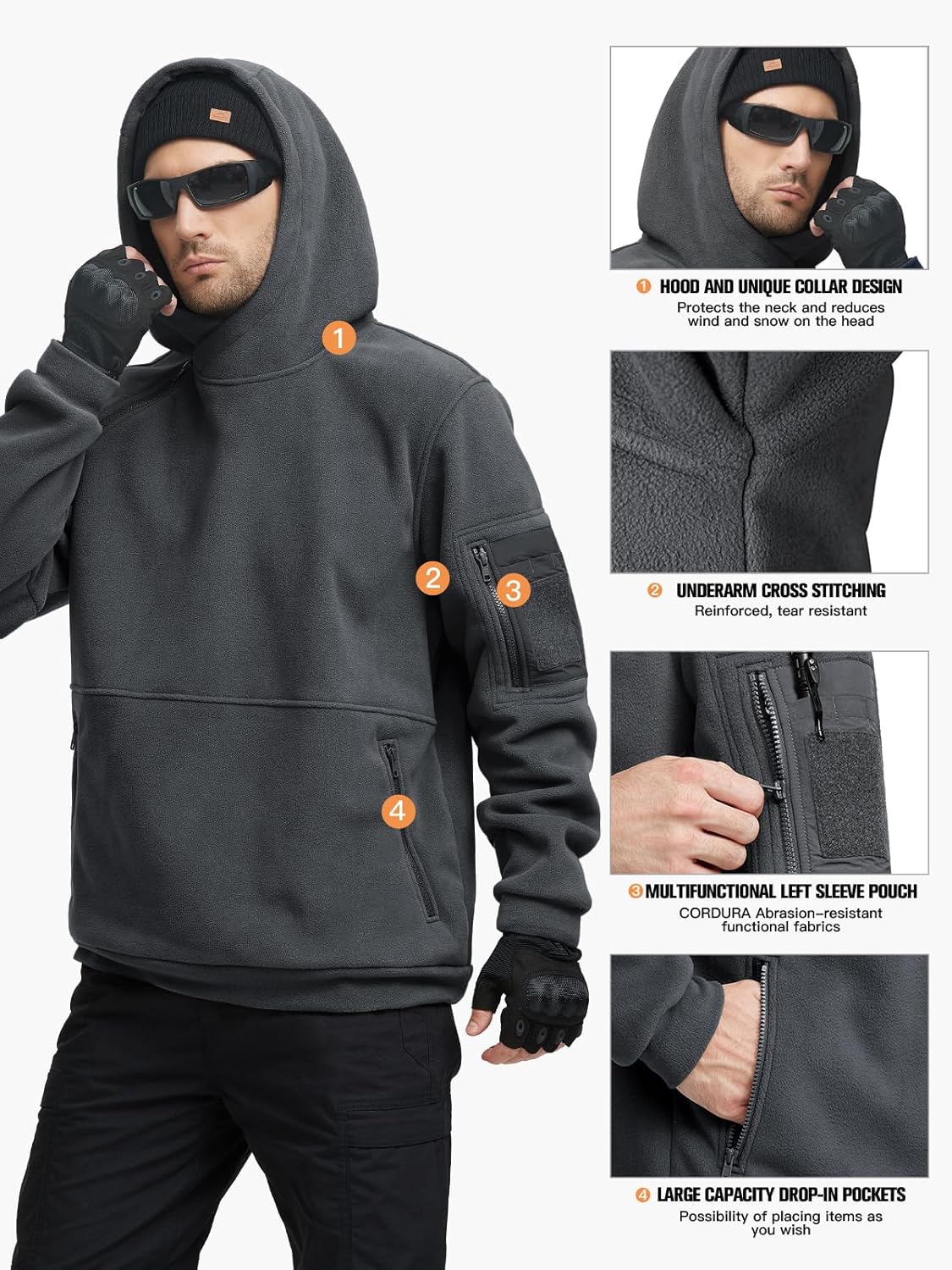 FREE SOLDIER Men's Tactical Winter Fleece Pullover Hoodie Warm Long Fleece lined Hooded Sweatshirt