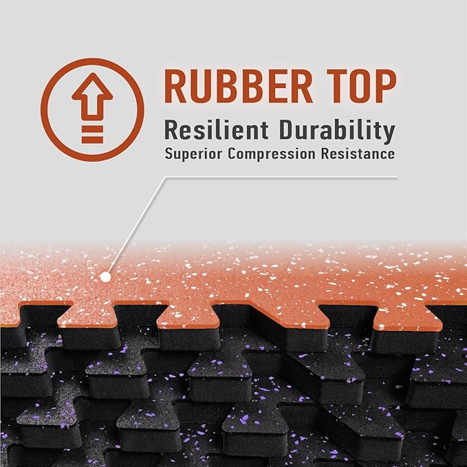 AIRHOP 0.56in Thick 24 Sq Ft Exercise Equipment Mats, 6 Tiles Upgraded Rubber Top with High Density EVA Foam, Large Interlocking Puzzle Gym Flooring for Home Gym, Heavy Weight Workout, 24 x 24in