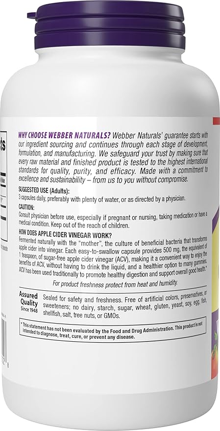 Webber Naturals Apple Cider Vinegar Capsules with The Mother, 1500 mg per Serving, High Potency, 240 Capsules, Natural Digestion Support, Sugar, Dairy & Gluten Free