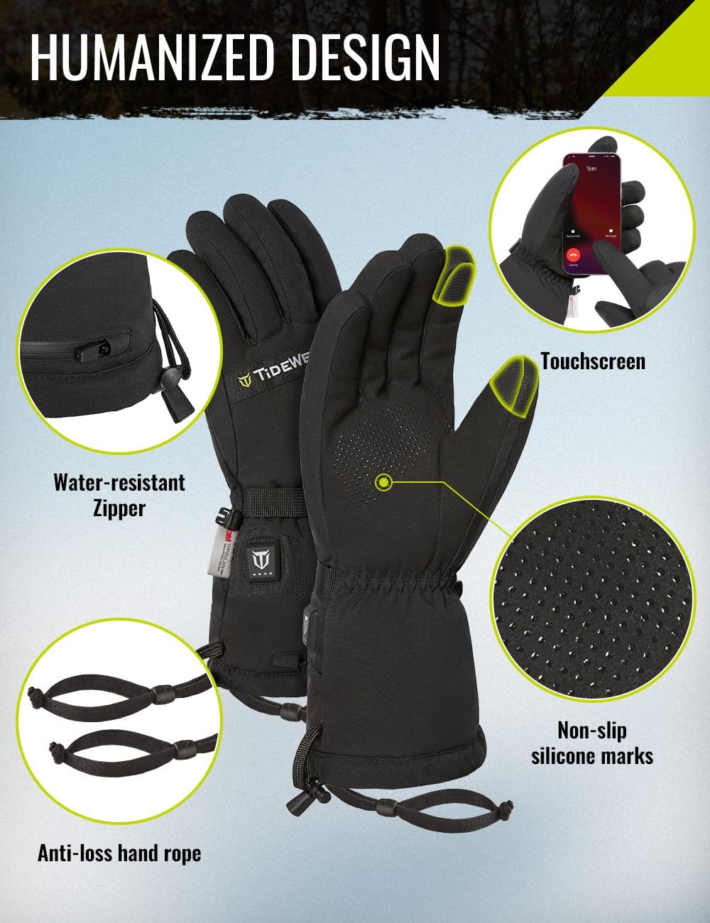 TIDEWE Heated Gloves for Men & Women, Hunting Waterproof Rechargeable Gloves with 2 Battery Packs, 3 Heat Settings, 3M Cotton Insulated for Skiing & Fishing