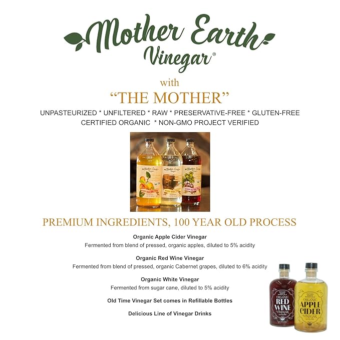 Mother Earth, Organic Apple Cider Vinegar with The Mother, Half Gallon, Fresh Pressed Organic Apples, OACV, ACV, Raw, Unpasteurized, Unfiltered (1/64oz Bottle)