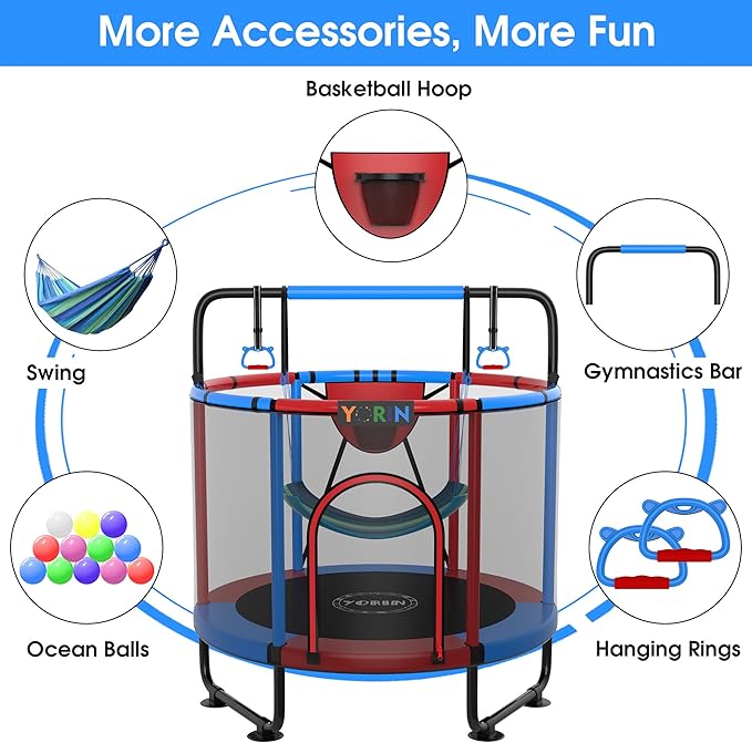 YORIN Trampoline for Kids 66'' 60'' 55'' Toddler Mini Small Trampoline Outdoor Indoor Trampoline W Basketball Hoop, Swing, Adjustable Gymnastics Bar, Gift for Baby, Toddlers & Kids