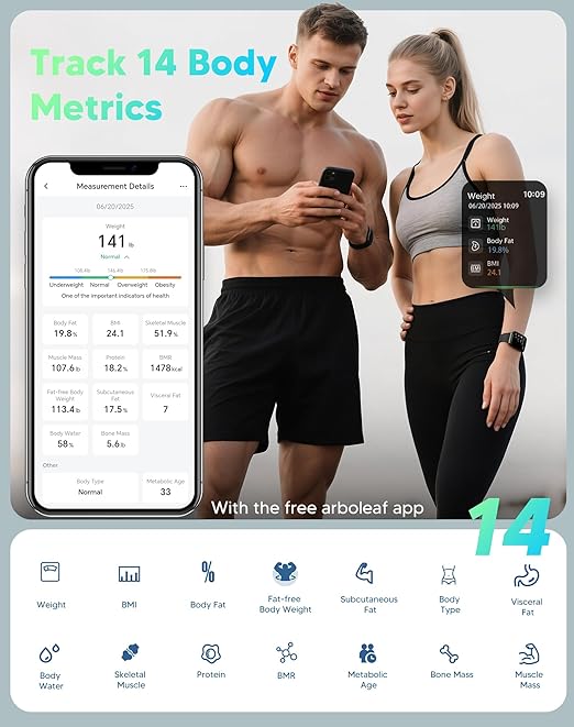 arboleaf Smart Scale for Body Weight, Body Fat Scale with BMI Muscle Mass, 3-in-1 LED Display, Bluetooth Accurate Weight Machine, Tracks 14 Body Metrics via App, Sturdy Tempered Glass, 400lb