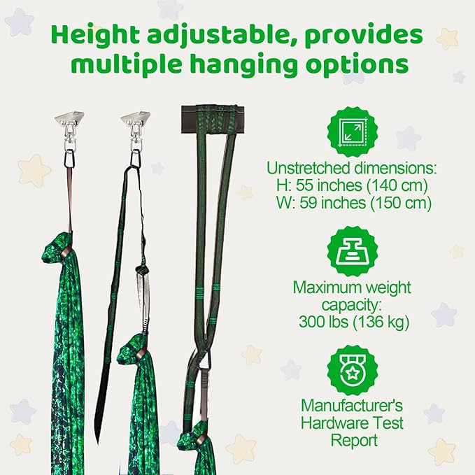 Sensory Swing for Kids & Adults Holds 300lbs Indoor/Outdoor Therapy Cuddle Swing with 360° Swivel Hanger Kit (Crystal Green)