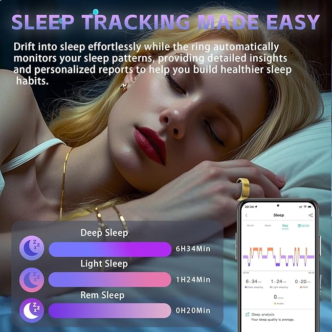 Smart Ring Health Tracker, Fitness Tracker Ring for Women Men, Monitoring of Pedometer, SpO2, Sleep Quality, Heart Rate, No Subscription Fee, Sport Rings for iOS & Android (Gold 12)