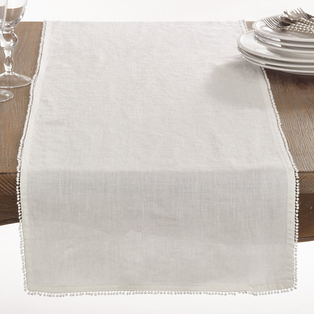 Fennco Styles Pomponin Collection Pom Pom Design 100% Linen Table Runner