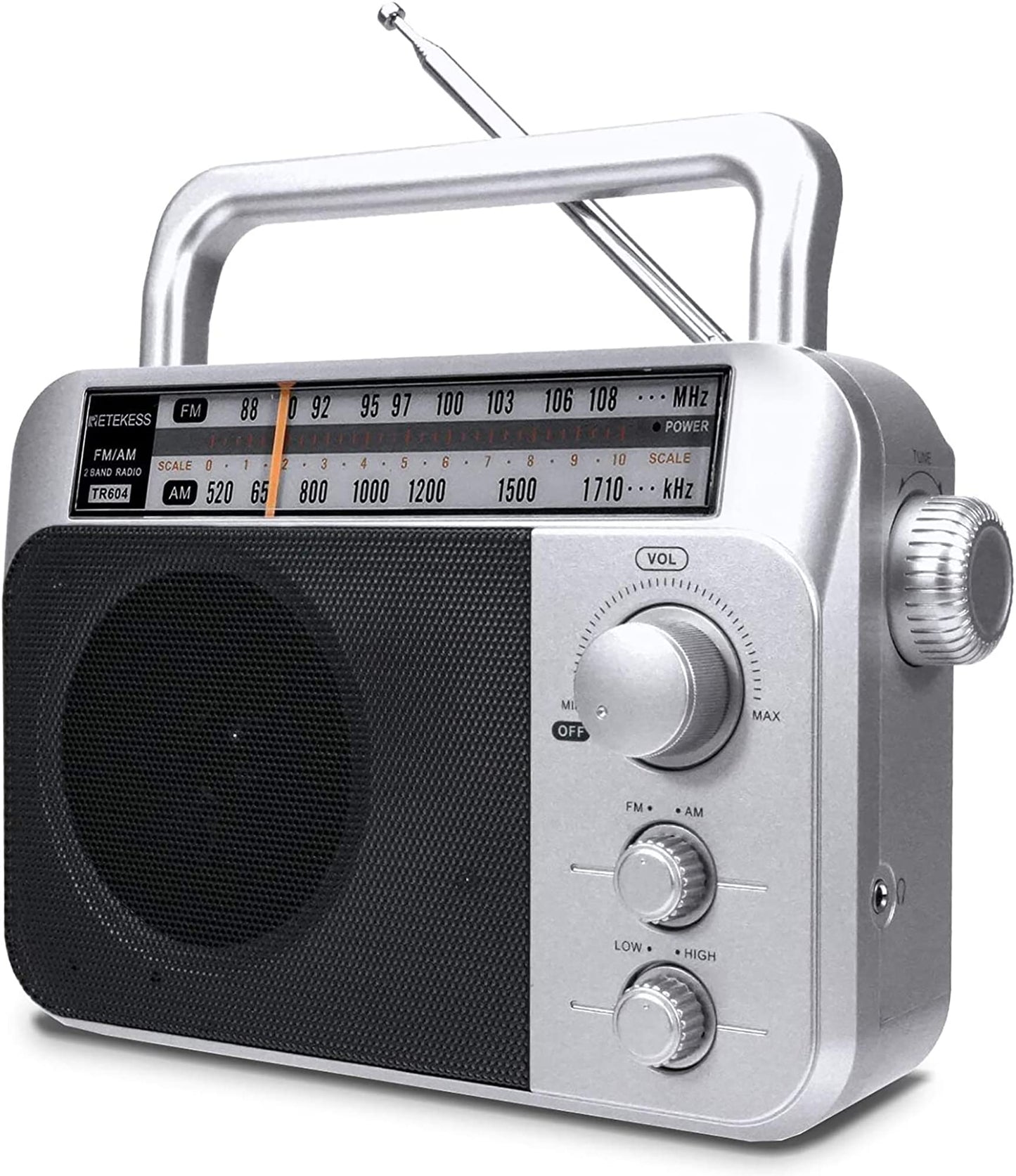 Retekess TR604 AM FM Radio,Portable Radio Plug in Wall,D Battery Operated,Large Dial,High/Low Tone Mode,Big Speaker,Earphone Jack,for Home,Picnic,Senior