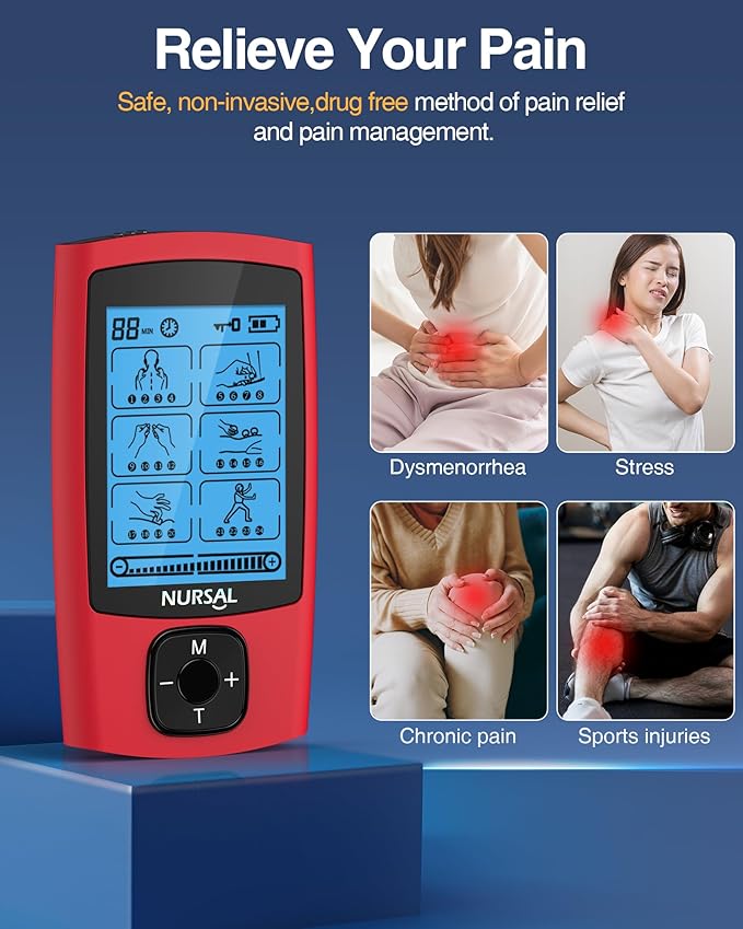 NURSAL 24 Modes TENS Unit Muscle Stimulator, Rechargeable Electronic Pulse Massager with 8 Pads for Back and Shoulder Pain Relief and Muscle Strength (Red)