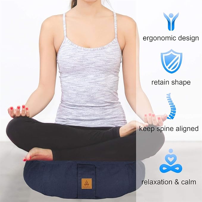 Round Zafu Meditation Cushion, D=15" H=5.5" Zabuton Meditation Pillow, Yoga Bolster/Pillow, Floor seat, Zippered Organic Cotton Cover, Natural Buckwheat, Kneeling Pillow