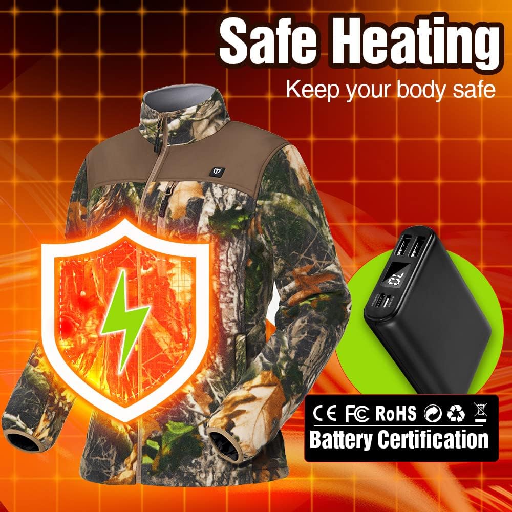 TIDEWE Women’s Heated Jacket Fleece with Battery Pack, Rechargeable Coat for Hunting (Black, Camo, Size S-XXL)
