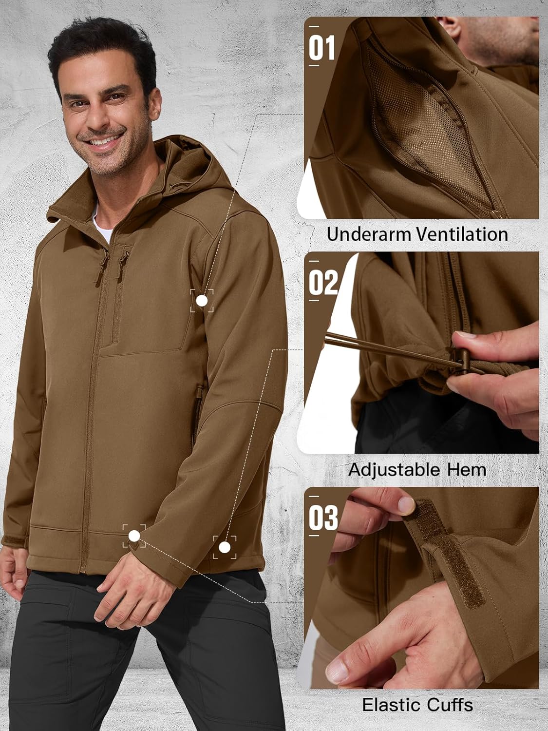 FREE SOLDIER Men's Lightweight Softshell Jacket Winter Fleece Lined Hooded Rain Waterproof Hiking Outdoor Jackets (Brown,L)