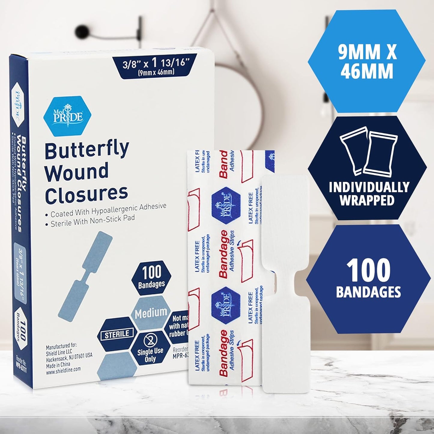 MedPride Adhesive Bandage, Butterfly Wound Closures Fabric, 3/8" x 1 13/16" Medium, Sterile - 100/Box, Case of 24 (2400 Count)
