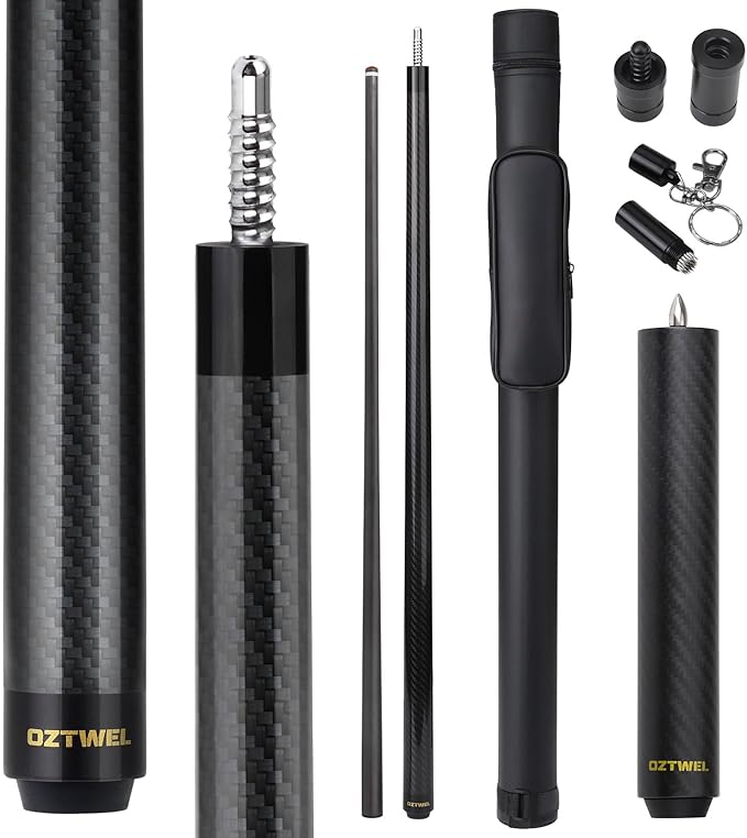 Carbon Fiber Pool Cue Stick, 12.4mm 8-Layer Tip Low Deflection Pool Cue Professional Pool Sticks for Adults with Pro Taper Cue Shaft 3/8 x 8 Joint Pin