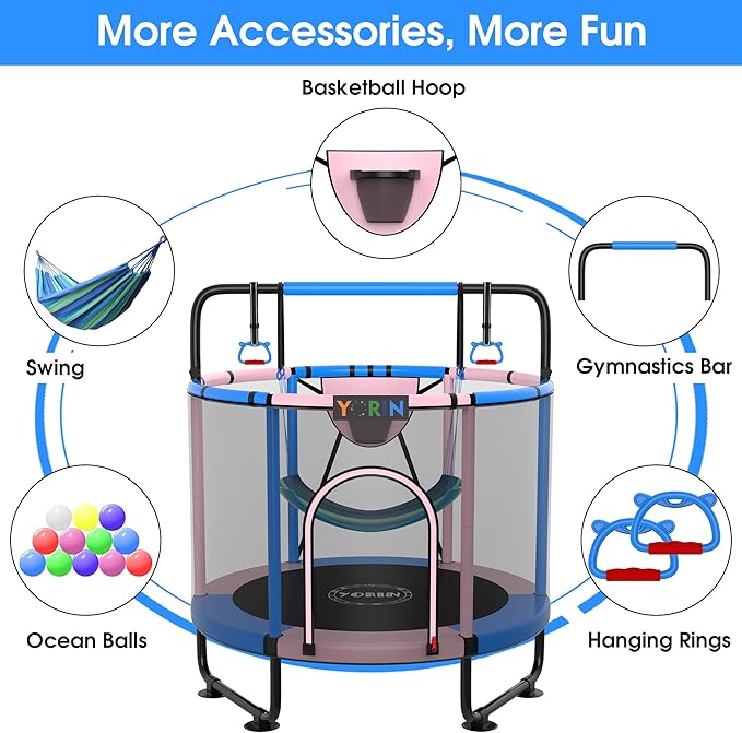 YORIN Trampoline for Kids 66'' 60'' 55'' Toddler Mini Small Trampoline Outdoor Indoor Trampoline W Basketball Hoop, Swing, Adjustable Gymnastics Bar, Gift for Baby, Toddlers & Kids