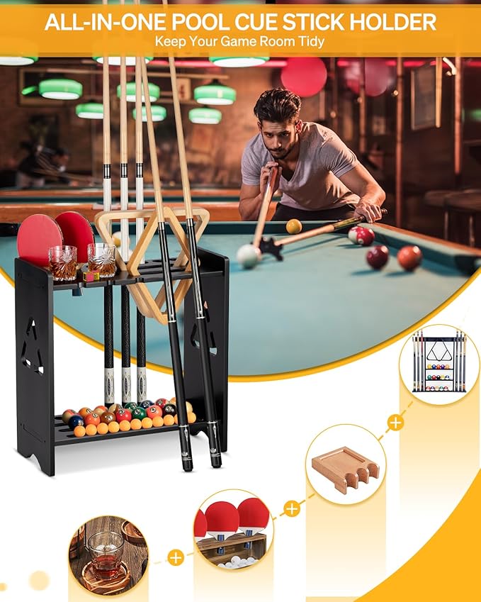 Pool Cue Stick Holder - Floor Stand Billiards Rack Oak Solid Wooden Holds 9 Cues and Pool Table Accessories Organizer