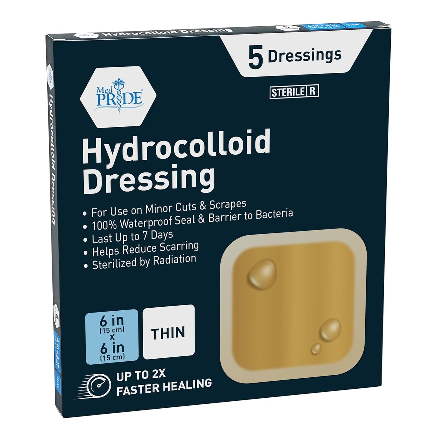 Medpride Hydrocolloid Wound Dressing Pads 6"x6" Thin, Sterile Adhesive Patches, 5/Pack, Case of 12 (60 Count)