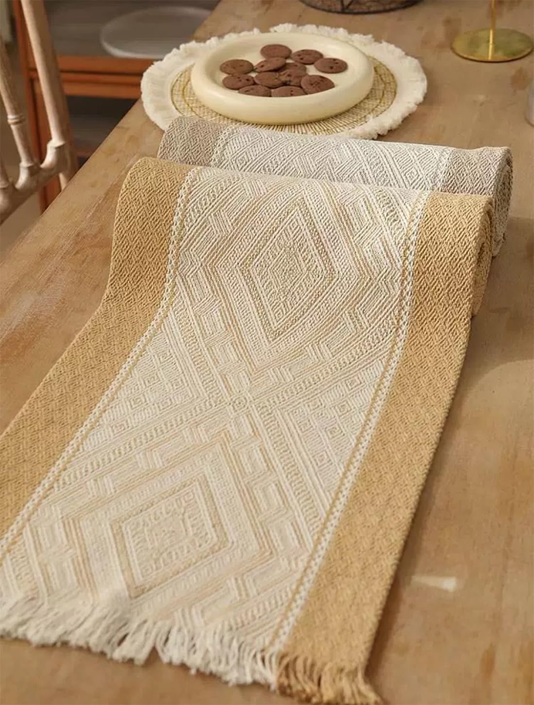 Fennco Styles Diamond Weave Fringe Cotton Blend Table Runner