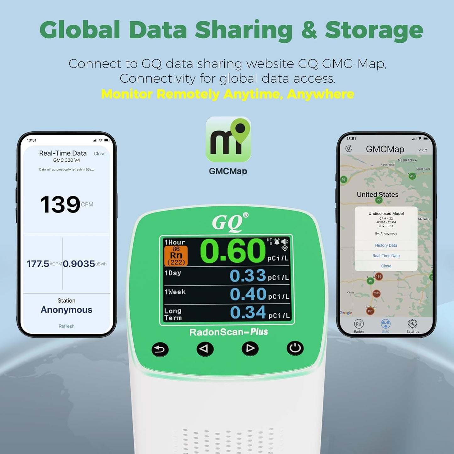 Remote Monitoring GQ RadonScan-Plus Radon Gas Digital Detector Worldwide Fast Accurate Detection Simple Big Display USA Product Real-time Data App Online Data Logging & Sharing