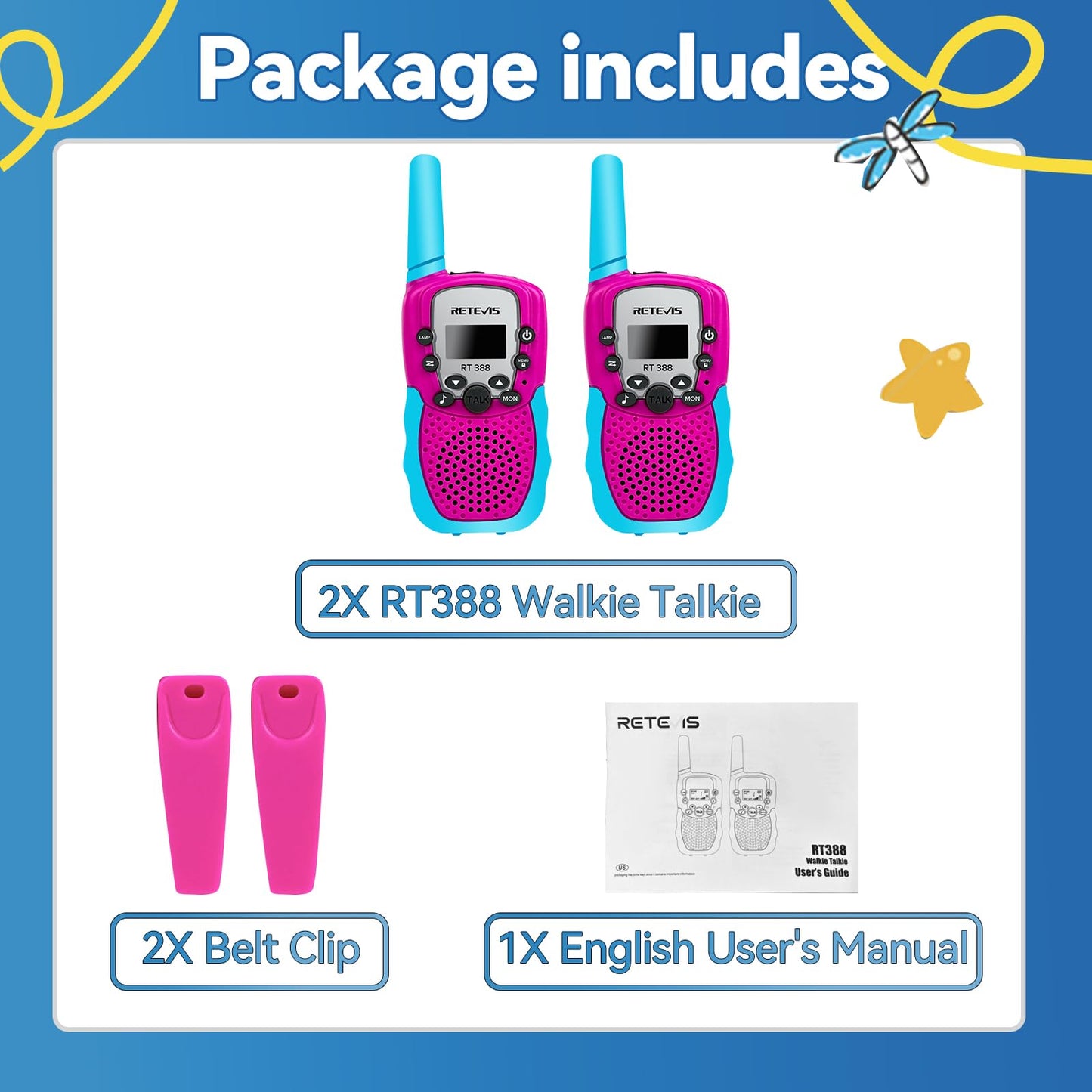 Retevis RT388 Walkie Talkies for Kids, Birthday Gifts for 6 7 8 9 10 11 12 Year Old Girls, 22 CH LCD Flashlight, Pink Walkie Talkies Christmas Gifts Toys for Girls(Pink, 2 Pack)