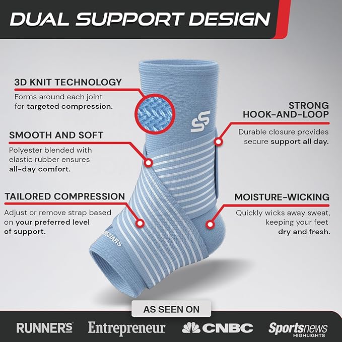 Sleeve Stars Ankle Brace for Women & Men, Ankle Wrap for Sprained Ankle, Compression Sleeve for Plantar Fasciitis Relief, Easy Customizable Support: w/Removable Strap (Single/S:9"-10"/Light Blue)