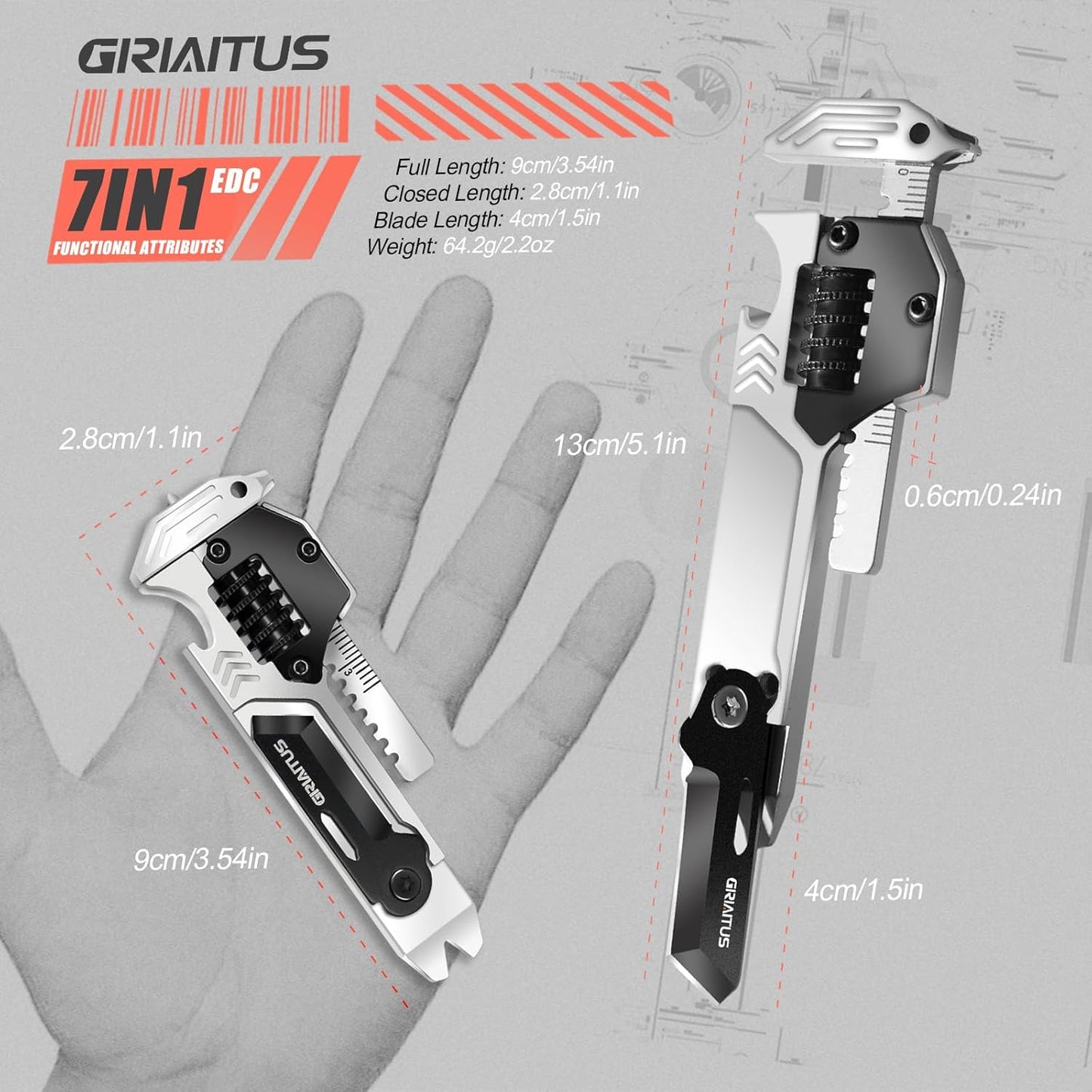 EDC Gear Multitool 7 in-1 Multi Tool with Wrench, Bottle Opener, Car Window Breaker, Pry Bar, Flat Phillips Screwdriver, EDC Tools for Cycling Maintenance, Outdoor, Household Repairs