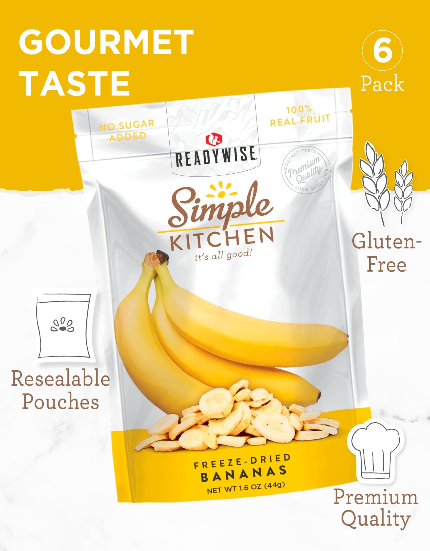 READYWISE - Simple Kitchen, Freeze-Dried Peaches, 1.16 oz, Pack of 6, Vegetarian, Gluten Free, Snacks, Peaches, Dried Fruit, Pre Workout, Healthy Snacks, Camping, Backpacking, Survival Food