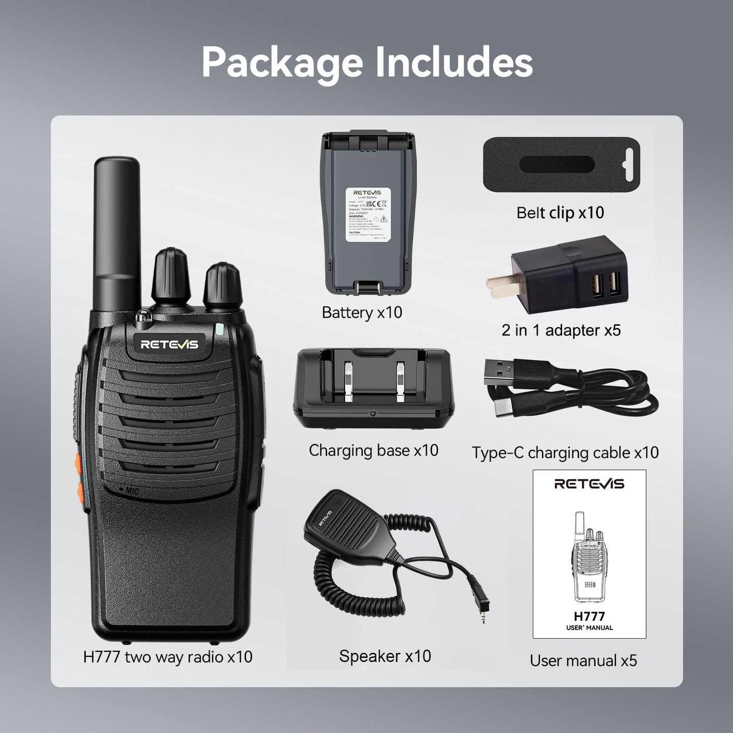 Retevis H-777 2 Way Radios, Walkie Talkies for Adults, Rechargeable Long Range Two Way Radio, Shock Resistant, Short Antenna for Business Education(10 Pack)